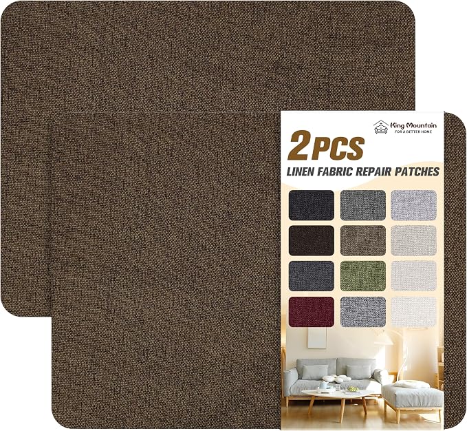 KING MOUNTAIN Fine Linen Repair Patches, Self-Adhesive Linen Fabric Patches, 8X11 inch 2 PCS, Multi Color, Can be Used for Linen Sofa Repair (Dark Brown,8" x 11"-2PCS)