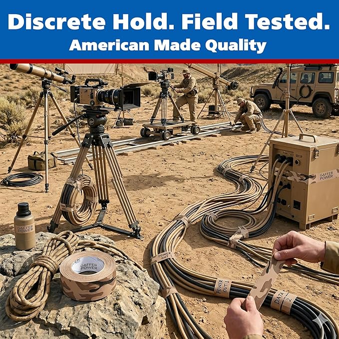 Gaffer Power Desert Tan Camo Gaffer Tape – Professional Grade, Made in USA, Non-Reflective Matte Cloth Tape, Heavy Duty, Easy Tear, Residue-Free – 2 Inch x 25 Yards