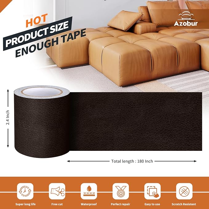 Azbour Leather Repair Tape Patch, 2.4''x15' Super Adhesive, Self-Adhesive Leather Patch for Restoration and Refurbishment of Sofas, Car Seats, Furniture, Vinyl Furniture, Chairs. （Black Brown）