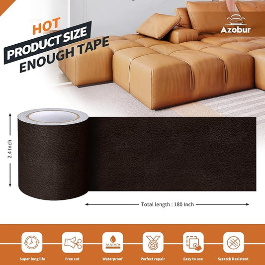 Azbour Leather Repair Tape Patch, 2.4''x15' Super Adhesive, Self-Adhesive Leather Patch for Restoration and Refurbishment of Sofas, Car Seats, Furniture, Vinyl Furniture, Chairs. （Black Brown）