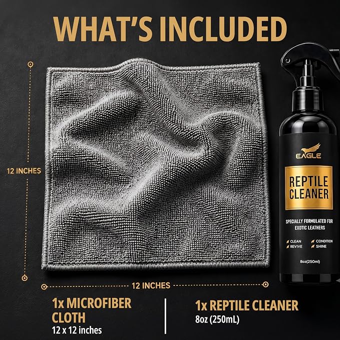 Exotic Leather Cleaner & Conditioner Spray – Cleans, Conditions & Protects Alligator, Crocodile, Snakeskin, Lizard, Ostrich & More – 8oz with Microfiber Cloth – Boots, Shoes, Bags, Belts