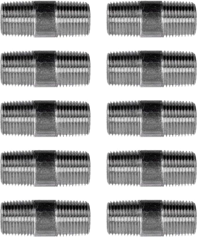 PIPE DÉCOR 1/2” x 2” Malleable Cast Iron Pipe Nipple, Pre Cut Connectors, Industrial Steel Grey Fits Standard Half Inch Black Threaded Pipes Nipples and Fittings, Build Vintage DIY Furniture, 10 Pack