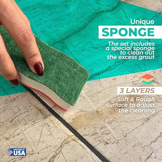 PentaUSA Tile Grout Repair Kit with Removal Tool - Premixed Acrylic Sanded Grout Filler for Bathroom, Shower, and Kitchen, Includes Applicator Spatula, and Sponge - Black (8.8oz / 250g)