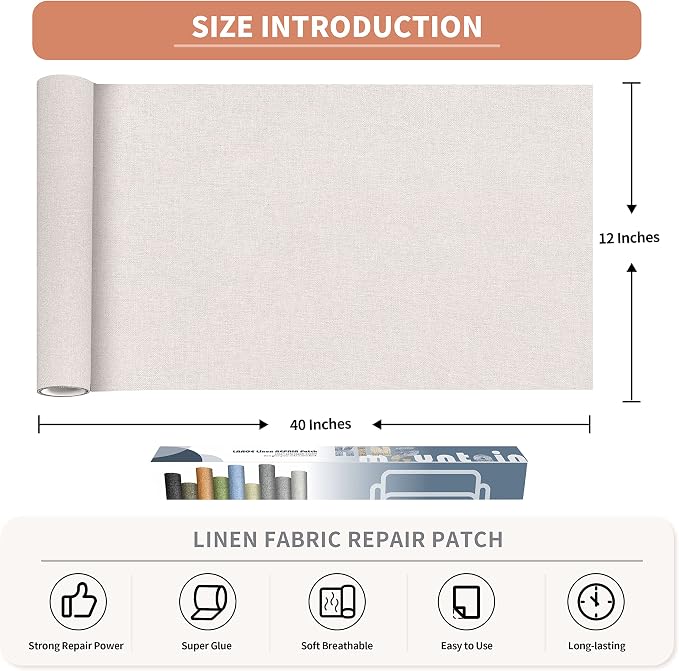 Fine Linen Repair Patches, Self-Adhesive Linen Fabric Patches, 12X40 inch Extra Size, Multi Color, Can be Used for Linen Sofa Repair (12" x 40", Off White)