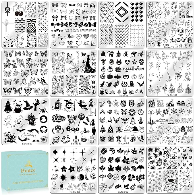 Biutee Nail Stamping Plate 15PCS Nail Stamper Kit Nail Art Stamping Plates Set with Nail Stamper, Scraper & Storage Bag, Nail Stamping Kit Star Bowknot Love Butterfly Leaf Design Template for Nail Art