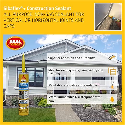SIKA Sikaflex Construction Sealant - Limestone, Polyurethane Adhesive, Weatherproof, 10.1 oz Cartridge - Seals Joints, Cracks, Gaps in Concrete, Wood - Paintable, Durable, Flexible