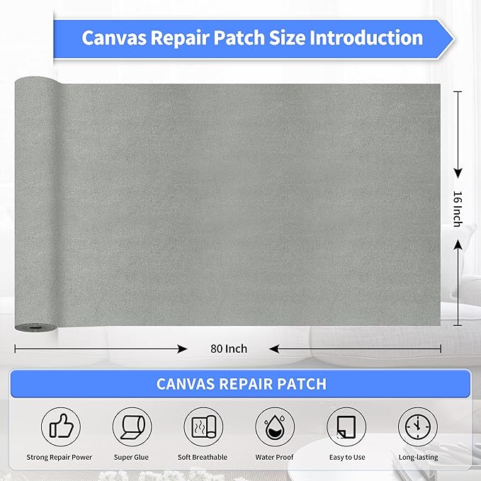 KING MOUNTAIN Couch Fabric Repair Patch, Fabric Patches for Furniture, 16" x 80" Waterproof Velvet Repair Tape for Sofas, Car Seats, Furniture, Upholstery Fabrics and Velvet Goods. （Grey2.0）