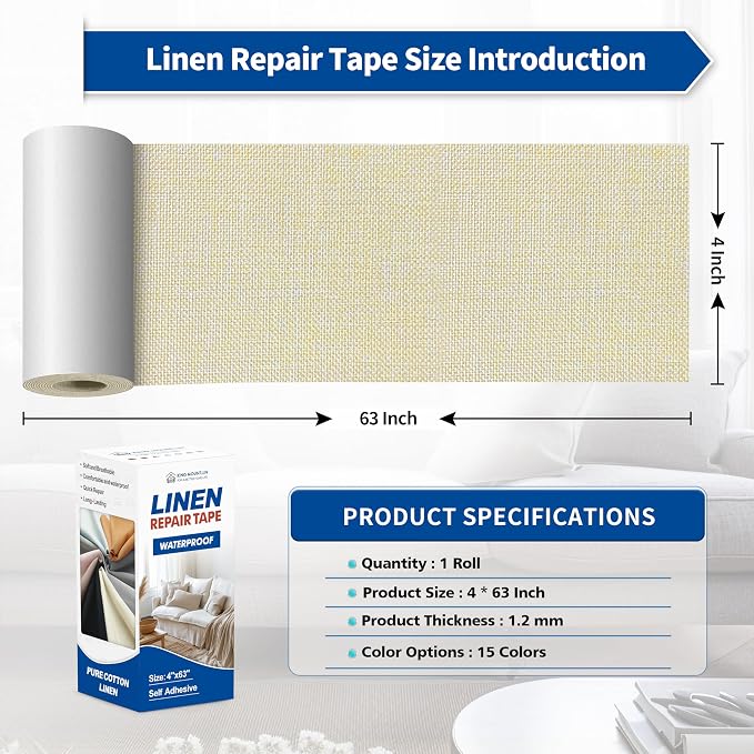 KING MOUNTAIN Linen Repair Patches, Self-Adhesive Fabric Patches, 4 X 63 inch Extra Size, Multi Color, Can be Used fo Sofa Repair (Beige 1.0)