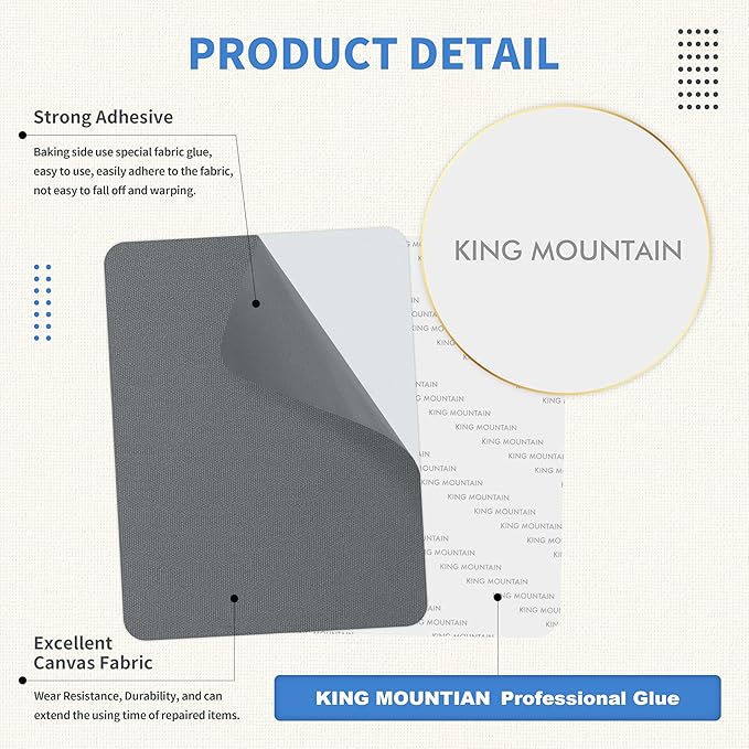 KING MOUNTAIN Canvas Repair Patch 5×8 Inch 8 Pcs Self-Adhesive Waterproof Fabric Patch for Sofas, Tents, Furniture,Tote Bags, Car Seats (Charcoal Grey)