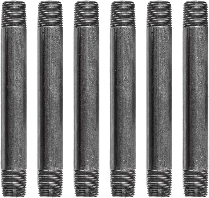 PIPE DÉCOR 1/2” x 9” Malleable Cast Iron Pipe Nipple, Pre-Cut Connectors, Industrial Steel Grey Fits Standard Half Inch Black Threaded Pipes Nipples and Fittings, Build Vintage DIY Furniture, 6 Pack