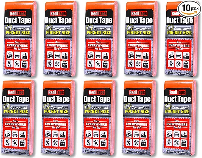 Travel Size Pocket Duct Tape 10-Pack | 1.88 inches x 5 Yards per Flat Pack (10-Pack, Fluorescent Orange)