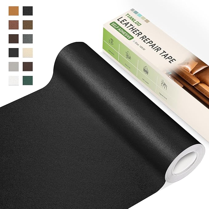 TIANLDD Leather Repair Tape,16 x 160 Inches Self Adhesive Leather Repair Patch，Leather Repair Kit for Furniture，Couches,Car Seats,Cabinets,Handbags(Black-Fine Lines)
