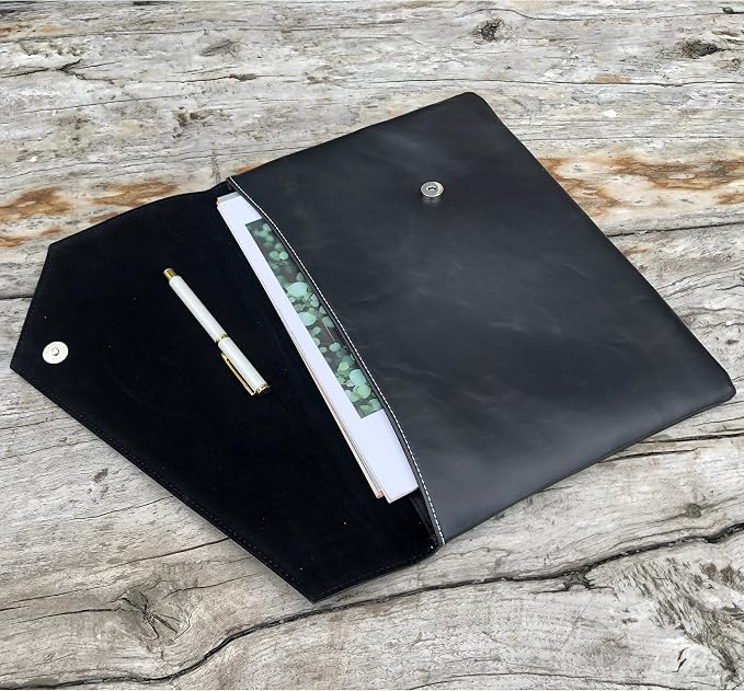 Vintage pu Leather 13.5" Business Clutch Envelope Bag Documents Certificate Laptop Sleeve Case Office File Folder (Black)