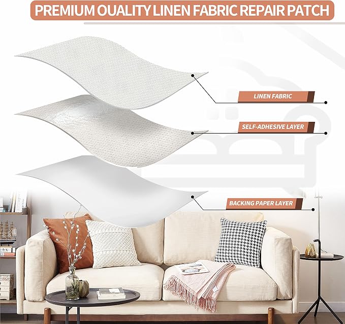 KING MOUNTAIN Fine Linen Repair Patches, Self-Adhesive Linen Fabric Patches, 12X40 inch Extra Size, Multi Color, Can be Used for Linen Sofa Repair (12" x 40",White)