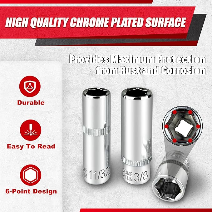 EACELIY 28pcs 1/4" Drive Impact Socket Set,Drive Master Socket Set,SAE, Deep&Shallow with Universal Joint,Extension bar,Ratchet Wrench,Hex Bit Holder,Spinner Handle,6 Point,CR-V Steel,Mirror Chrome
