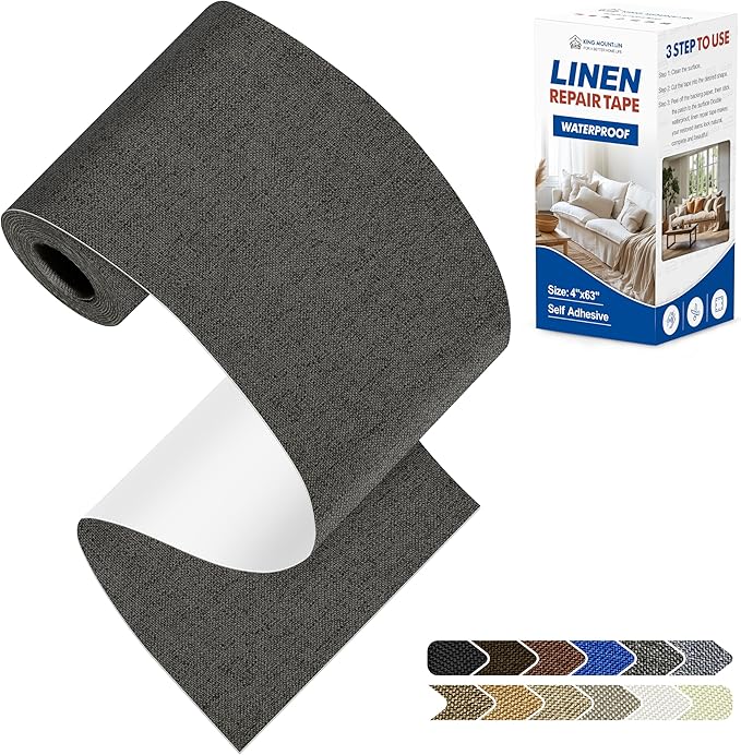 KING MOUNTAIN Linen Repair Patches, Self-Adhesive Fabric Patches, 4 X 63 inch Extra Size, Multi Color, Can be Used for Sofa Repair (Dark Grey)