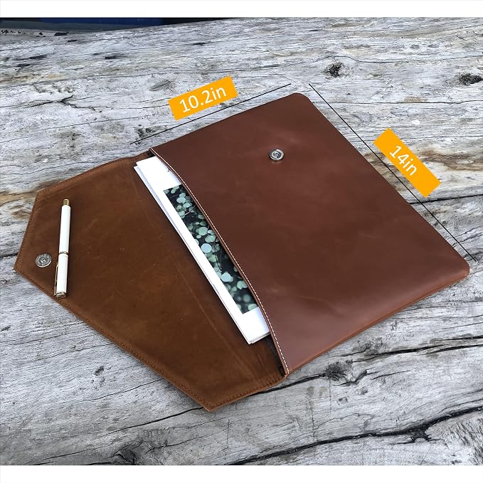 Vintage Leather 13.5" Business Clutch Envelope Bag Documents Certificate Laptop Sleeve Case Office File Folder (Orange)