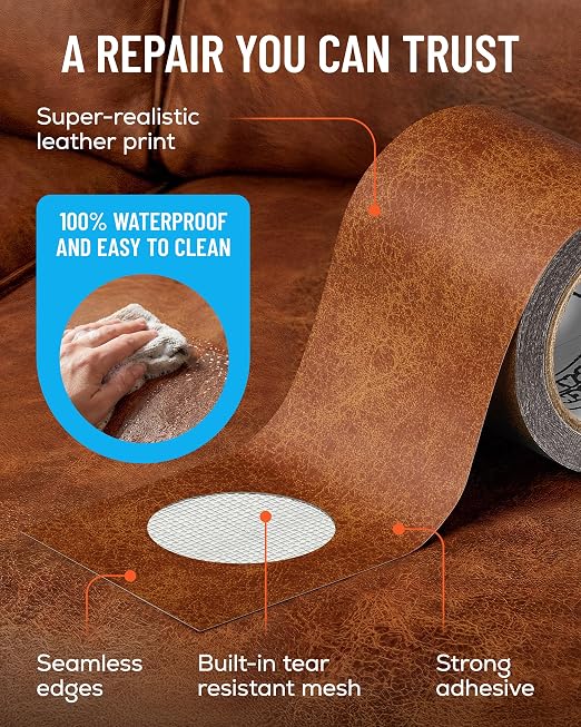 MATCH 'N PATCH Whiskey Leather Repair Tape, 2.25" x 15' for Furniture | Realistic Faux Leather Patches for Couch, Sofa, Upholstery, Car Seat & Other Furniture, Vinyl Repair Kit, Self Adhesive Patch