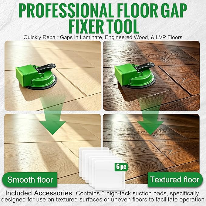 Floor Gap Fixer Tool With 6pcs Sticky Pads, Heavy-Duty Floor Repair Suction Cup Tool For Gaps, Laminate Flooring Tools To Close Gaps, For Smooth Surface Wood Tile Hardwood Floors Gaps (Green)