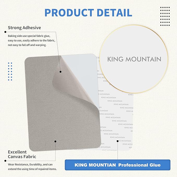 KING MOUNTAIN Canvas Repair Patch 9 x11 Inch 2 Pcs Self-Adhesive Waterproof Fabric Patch for Sofas, Tents, Furniture,Tote Bags, Car Seats (Light Grey)