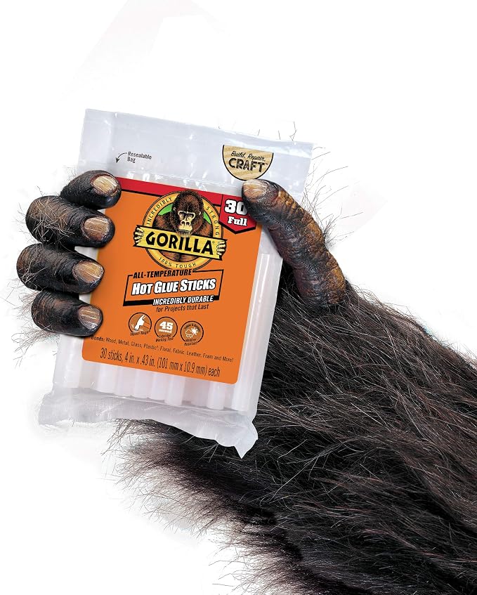 Gorilla Hot Glue Sticks, Full Size, 4" Long x .43" Diameter, 30 Count, Clear, Bonds: Wood, Metal, Glass, Plastic, Floral, Fabric, Leather, Foam, and More (Pack of 1 with 30 Glue Sticks)