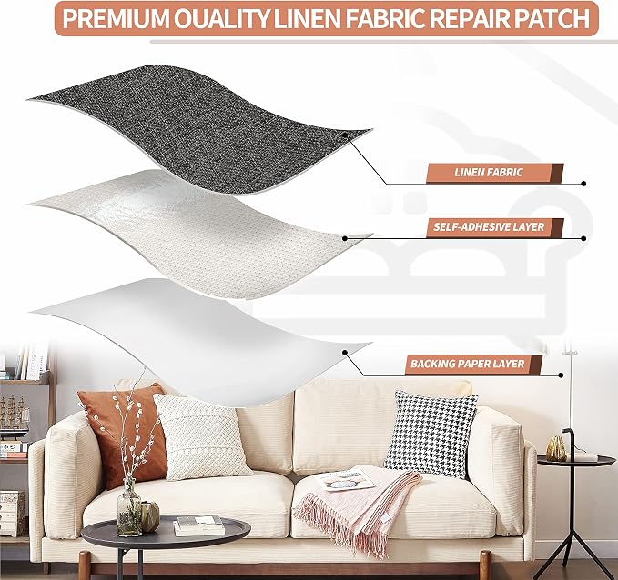 KING MOUNTAIN Fine Linen Repair Patches, Self-Adhesive Linen Fabric Patches, 12X40 inch Extra Size, Multi Color, Can be Used for Linen Sofa Repair (12" x 40",Dark Grey 2.0)