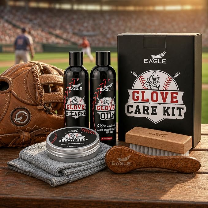 Eagle Baseball Glove Care Kit – Glove Cleaner (8oz), Oil (8oz), Conditioner (3.38oz), 2 Applicators & Cloth – Complete Leather Glove Maintenance Kit for Baseball, Softball, Catcher’s Mitts & More