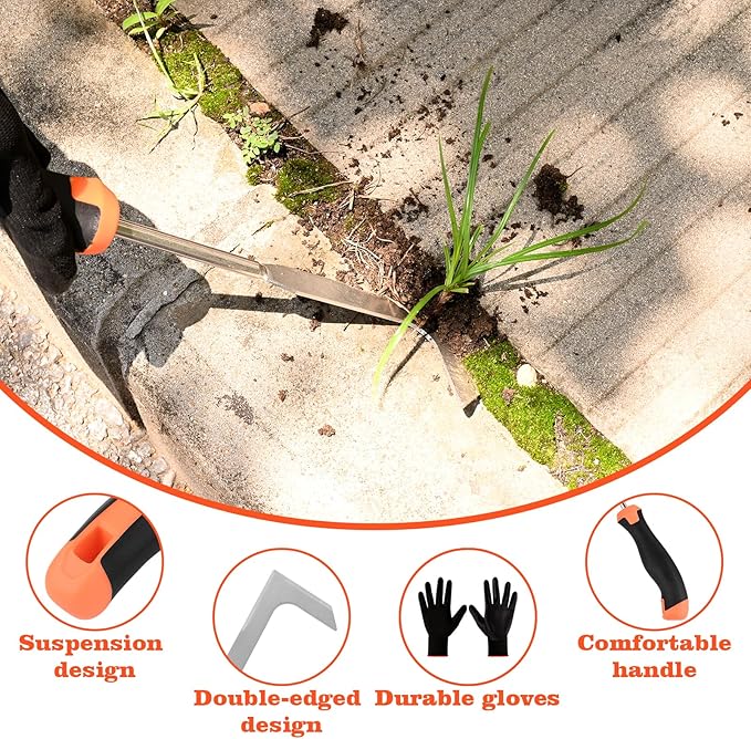 BokingOne Patio Crack Weeder Tool with Ergonomic Handle – Stainless Steel Weed Puller for Patio Sidewalk Driveway Cracks | Rust Resistant Dual-Material Gardening Tool