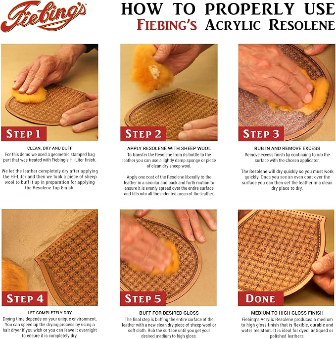 Fiebing's Acrylic Resolene (4 oz) - Protective Acrylic Leather Finisher - Glossy Finish Top Coat for Dyed & Polished Leathercraft - Flexible, Durable, Water Resistant for Boots, Couch, Purse (Brown)