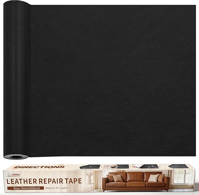 ONine Leather Repair Patch，Leather Repair Tape, 16 x 90 inches Leather Repair Patch for Furniture,Vinyl Repair Kit，Leather Couch Patch，for Sofas, Furniture, Car Seats, Office Chairs(Black)