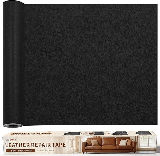 ONine Leather Repair Patch，Leather Repair Tape, 16 x 90 inches Leather Repair Patch for Furniture,Vinyl Repair Kit，Leather Couch Patch，for Sofas, Furniture, Car Seats, Office Chairs(Black)