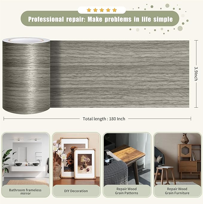 Besezx Wood Grain Tape, 3.9" X15', Self Adhesive Wood Grain Repair Patch for Tables, Chairs, DIY,Baseboards, Doors, Windows, Floors and Furniture Renovation.（Gray）