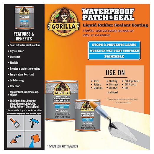 Gorilla Waterproof Patch & Seal Liquid Rubber Sealant, Crystal Clear, 16oz (Pack of 1)