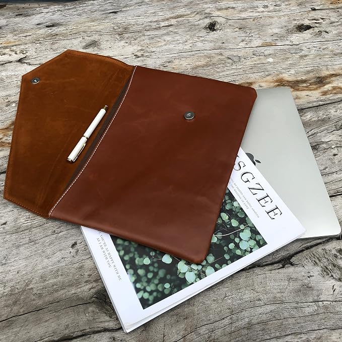 Vintage Leather 13.5" Business Clutch Envelope Bag Documents Certificate Laptop Sleeve Case Office File Folder (Orange)
