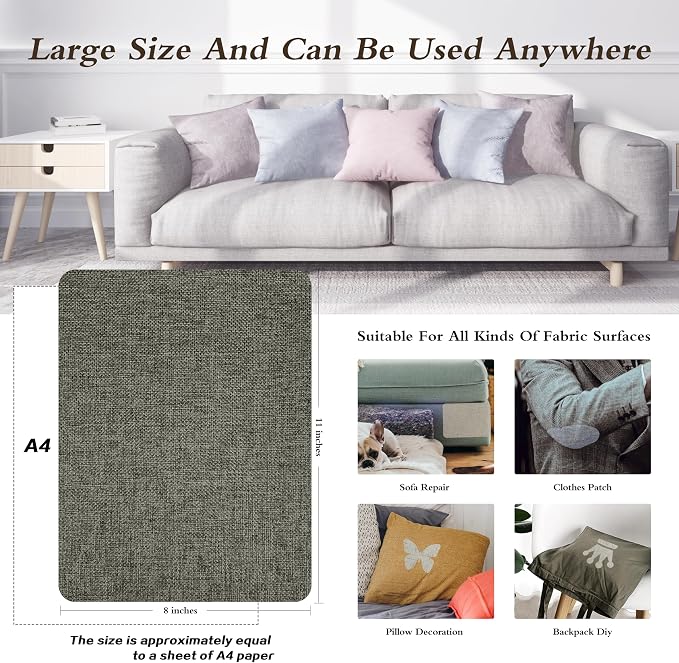 Coarse Linen Repair Patches, Self-Adhesive Fabric Patches, 8X11 inch Extra Size, Multi Color, Can be Used for Sofa，Chair,Curtain Repair(8" x 11",Dark Grey 1.0)