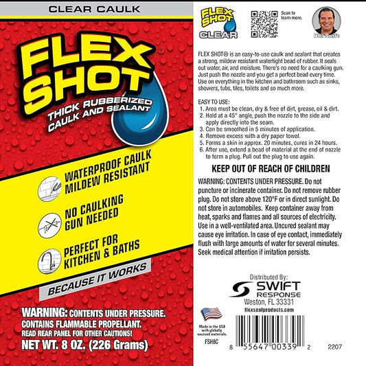 Flex Shot, Flexible Rubber Silicone Sealant, Waterproof Caulk, UV Resistant, No Caulk Gun Needed, Perfect for Kitchen, Bath, Showers, Sinks, Baseboards, Clear, 8oz, 2-Pack