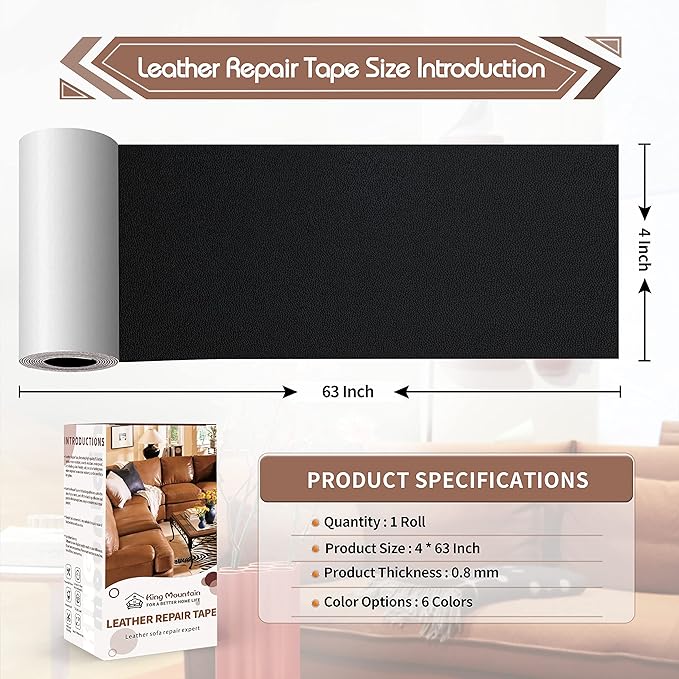 KING MOUNTAIN Leather Repair Patch,4 x 63 Inches self Adhesive Leather Repair Tape for Damaged Leather Furniture, Sofa Seating,Car Seats, Leather Goods（Fine Grained Black）