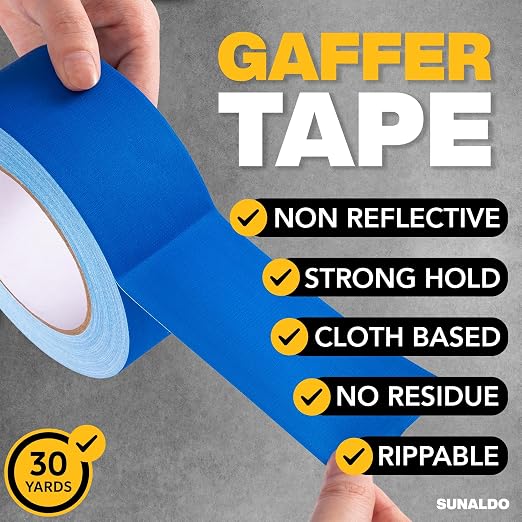 Gaffers Tape Heavy Duty, Easy to Rip, Residue-Free Professional Grade Floor Tape for Electrical Cords, Matte Finish Non Reflective, Weather Resistant (3, Blue, 2" x 30 Yards)