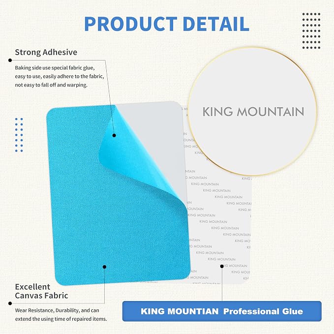KING MOUNTAIN Canvas Repair Patch 5×8 Inch 8 Pcs Self-Adhesive Waterproof Fabric Patch for Sofas, Tents, Furniture,Tote Bags, Car Seats (Blue)