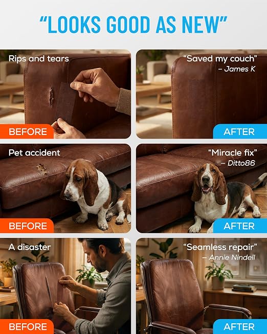 MATCH 'N PATCH Brown Leather Repair Tape, 2.25" x 15' for Furniture | Realistic Faux Leather Patches for Couch, Sofa, Upholstery, Car Seat & Other Furniture, Vinyl Repair Kit, Self Adhesive Patch