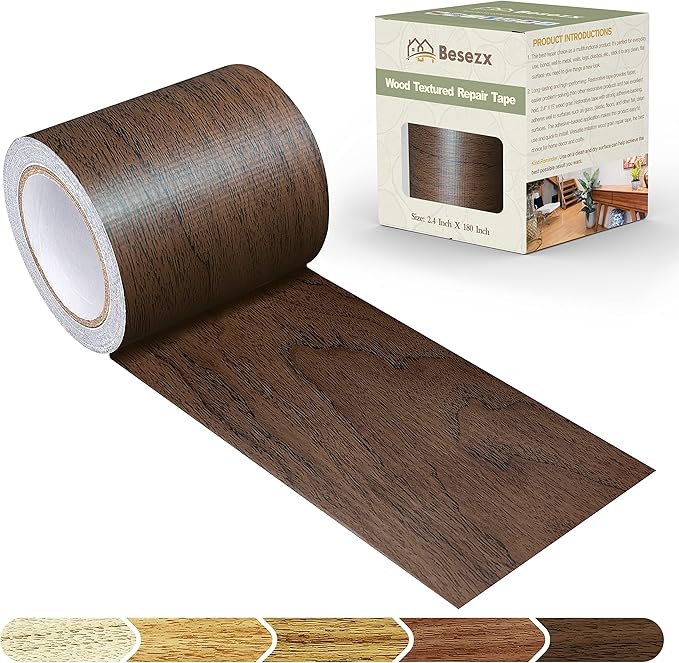Besezx Wood Grain Repair Tape, 2.4" X180'', Self Adhesive Wood Grain Repair Patch for Tables, Chairs, Baseboards, Doors, Windows, Floors, All Kinds of Furniture Renovation, Handicraft DIY. (Dark oak)