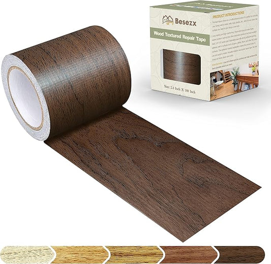 Besezx Wood Grain Repair Tape, 2.4" X180'', Self Adhesive Wood Grain Repair Patch for Tables, Chairs, Baseboards, Doors, Windows, Floors, All Kinds of Furniture Renovation, Handicraft DIY. (Dark oak)