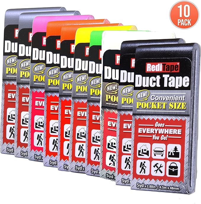 Travel Size Pocket Duct Tape 10-Pack | 1.88 inches x 5 Yards per Flat Pack (10-Pack, Rainbow Assortment)