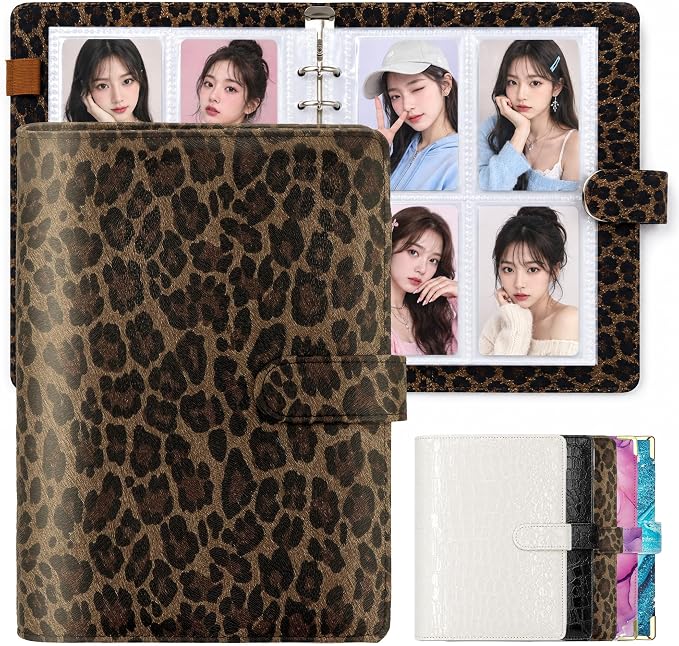 Convend A5 Kpop Photocard Binder,6 Ring Refillable Binder Album with 240 Card Slots, PU Leather Cover,Magnetic Closure for K-pop Photocards,Trading Cards, Game Cards,Leopard Textured