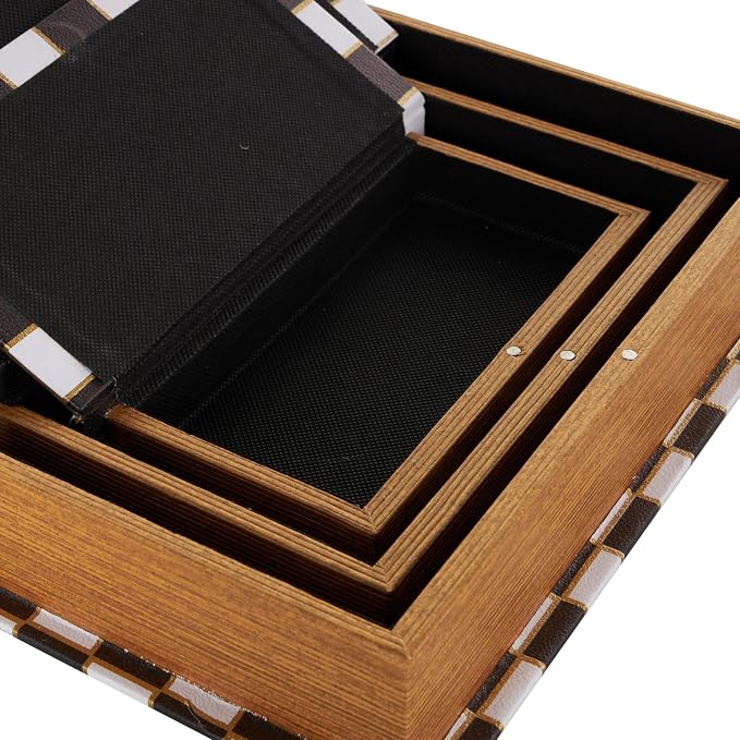 Deco 79 Faux Leather Decorative Box Faux Book Storage Book Shaped Boxes with Black and Gold Square Patterns, Set of 3 Decorative Keepsake Boxes 13", 11", 9"H, White