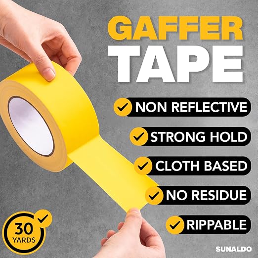 Gaffers Tape Heavy Duty, Easy to Rip, Residue-Free Professional Grade Floor Tape for Electrical Cords, Matte Finish Non Reflective, Weather Resistant (6, Yellow, 2" x 30 Yards)