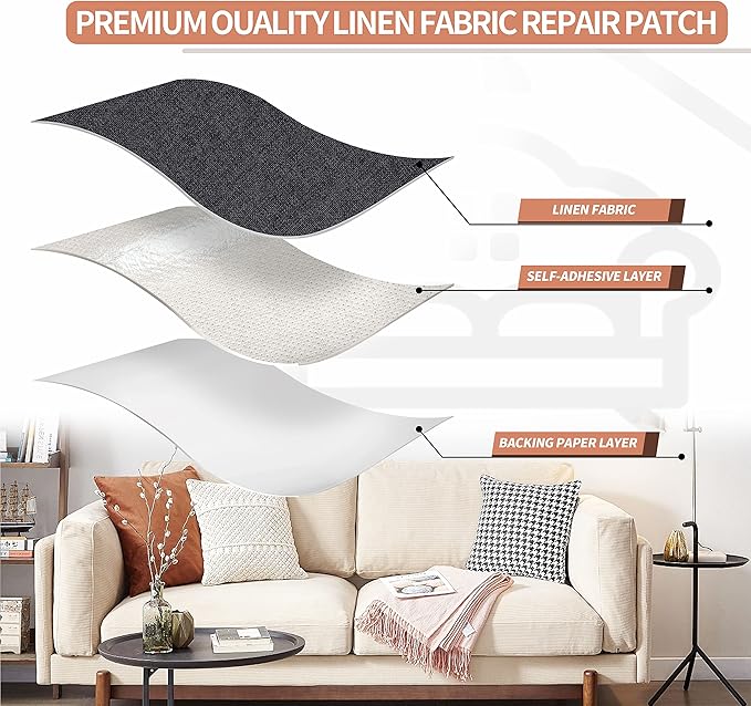 Fine Linen Fabric Patches, Self-Adhesive, Extra Large 12x40 inch, Multi Color, for Sofa & Furniture Repair (Dark Grey)