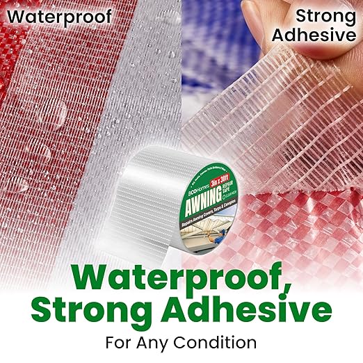 Awning Covers & Tarp Repair Tape - Waterproof Self Adhesive Patch Repair Kit | Patch Tapes for Awnings, Outdoor Canopies, Patio Window Awnings, Gazebos, Tents, RV, Canvas, Boat Covers (Clear Mesh, 3")