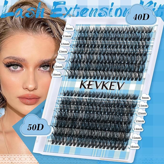 KEVKEV Lash Clusters Volume Eyelash Clusters 9-16mm Thick Individual Lashes 280pcs D Curly Cluster Eyelash Extensions Soft DIY Lash Extension At Home(0.07D，40D+50D)