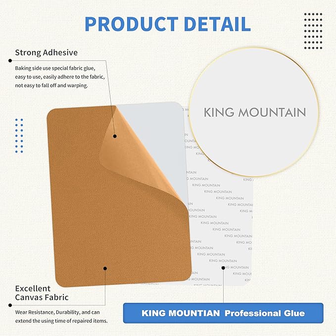 KING MOUNTAIN Canvas Repair Patch 9 x11 Inch 2 Pcs Self-Adhesive Waterproof Fabric Patch for Sofas, Tents, Furniture,Tote Bags, Car Seats (Light Brown)